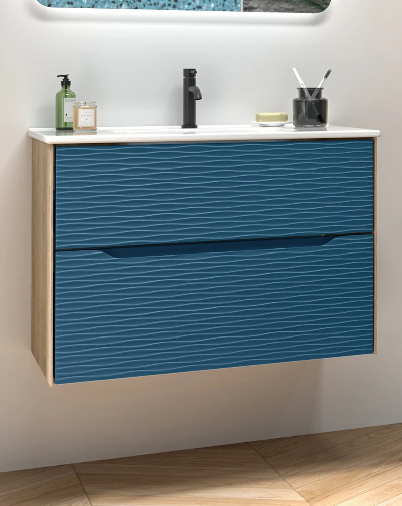 Sahara Mueble de Baño Suspendido con Lavabo Cerámico | 2 cajones Cierre Amortiguado y Organizador | Lavabo Onix | Azul