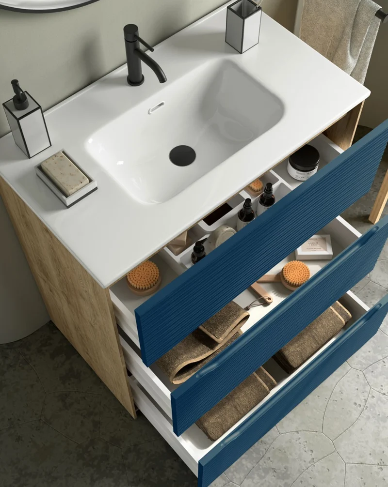 Nubia Mueble de Baño al Suelo con Lavabo Ceramico | 3 cajones Cierre Amortiguado y Organizador | Lavabo Onix | Blue Space Mate