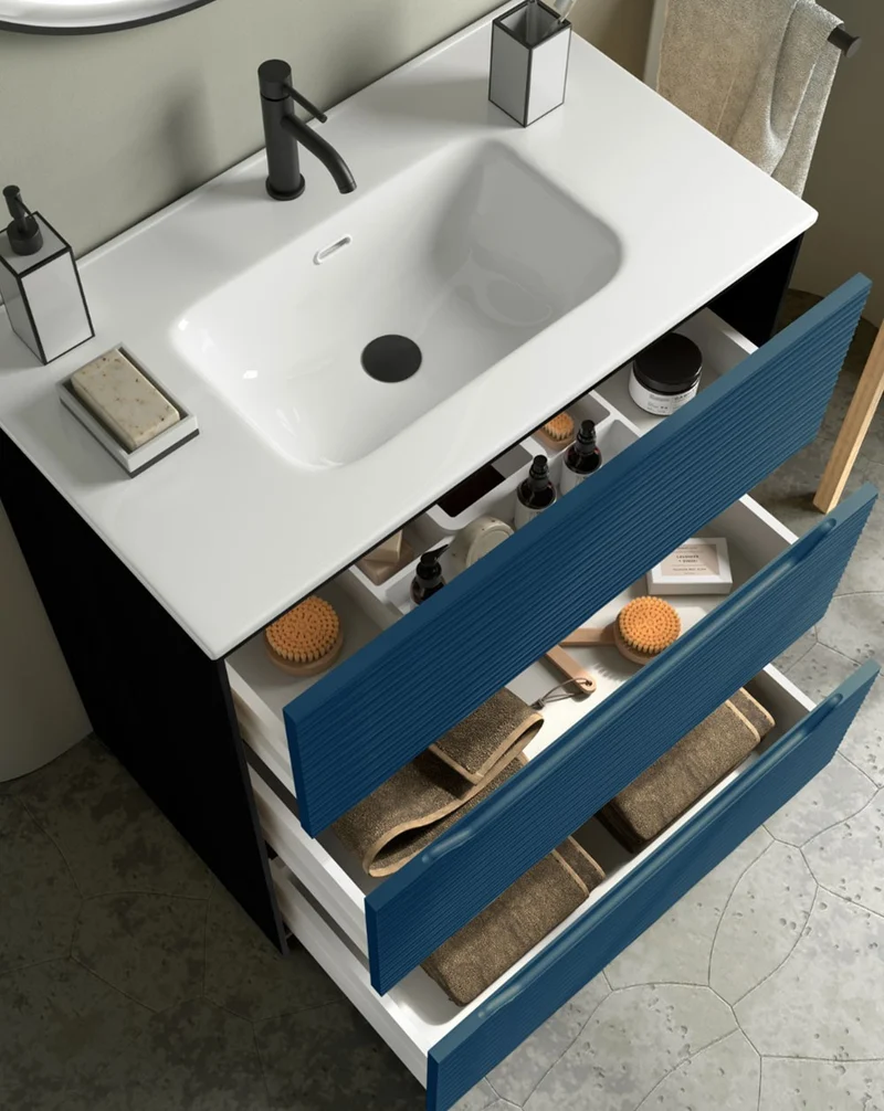 Nubia Mueble de Baño al Suelo con Lavabo Ceramico | 3 cajones Cierre Amortiguado y Organizador | Lavabo Onix | Blue Space Mate