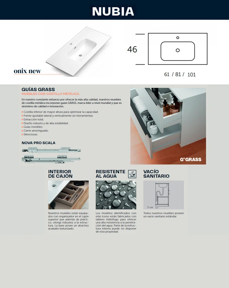 Nubia Mueble de Baño al Suelo con Lavabo Ceramico | 3 cajones Cierre Amortiguado y Organizador | Lavabo Onix | Blanco Mate