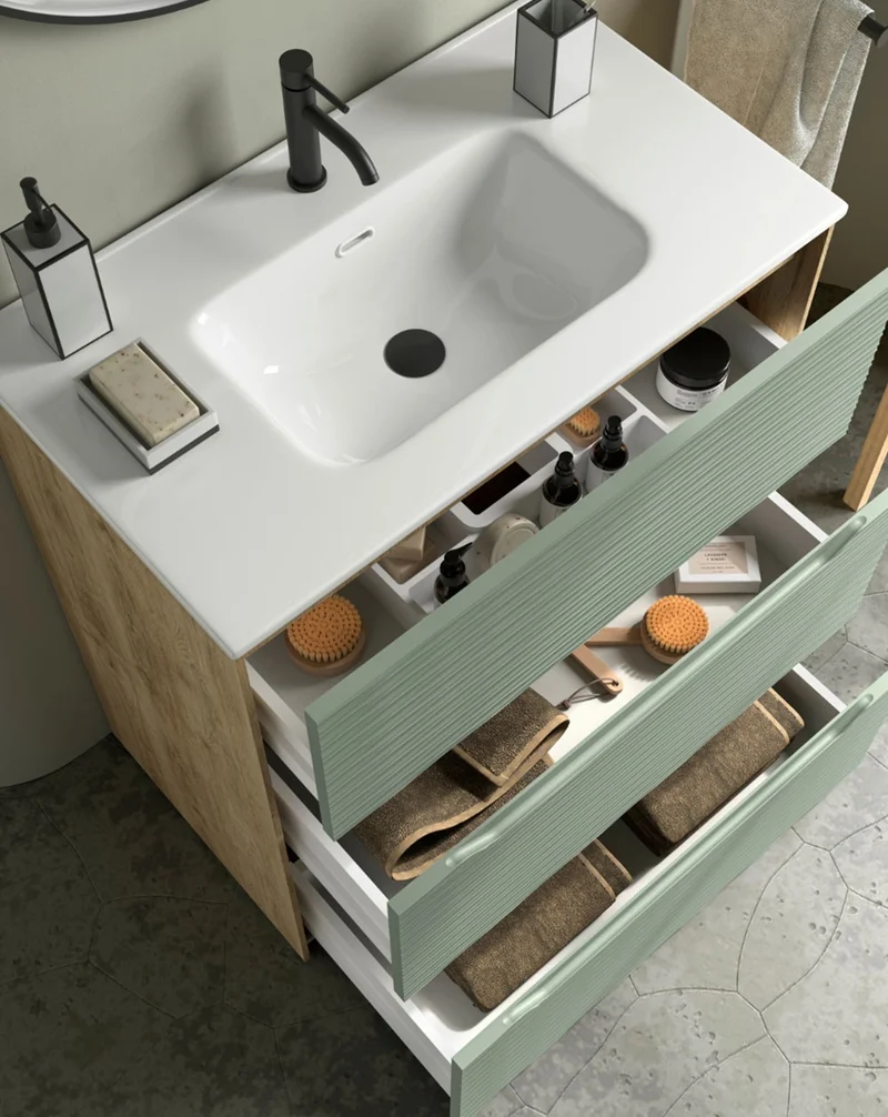 Nubia Mueble de Baño al Suelo con Lavabo Ceramico | 3 cajones Cierre Amortiguado y Organizador | Lavabo Onix | Leaf