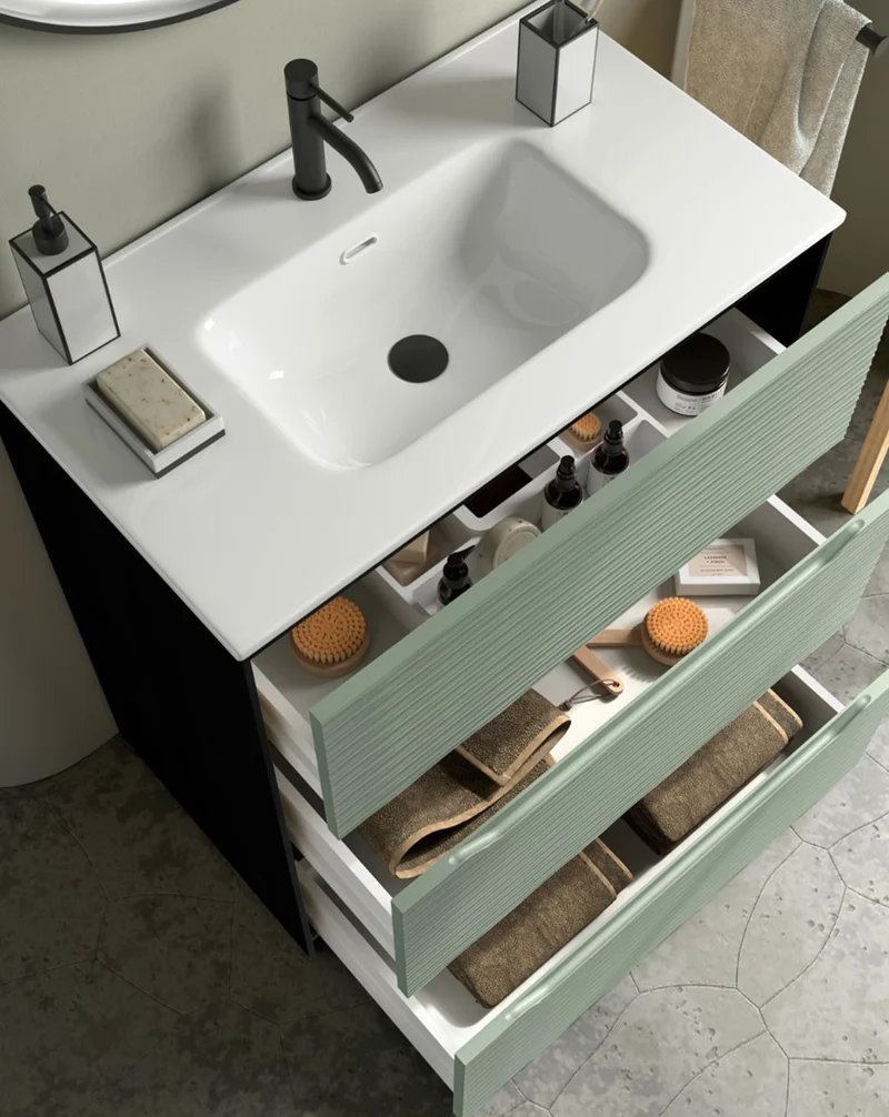 Nubia Mueble de Baño al Suelo con Lavabo Ceramico | 3 cajones Cierre Amortiguado y Organizador | Lavabo Onix | Leaf