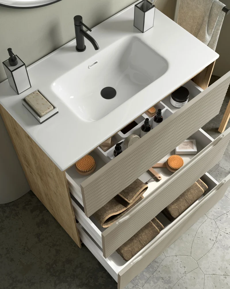 Nubia Mueble de Baño al Suelo con Lavabo Ceramico | 3 cajones Cierre Amortiguado y Organizador | Lavabo Onix | Moka Mate