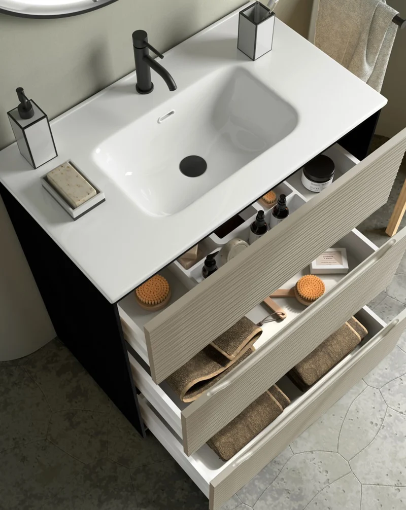 Nubia Mueble de Baño al Suelo con Lavabo Ceramico | 3 cajones Cierre Amortiguado y Organizador | Lavabo Onix | Moka Mate