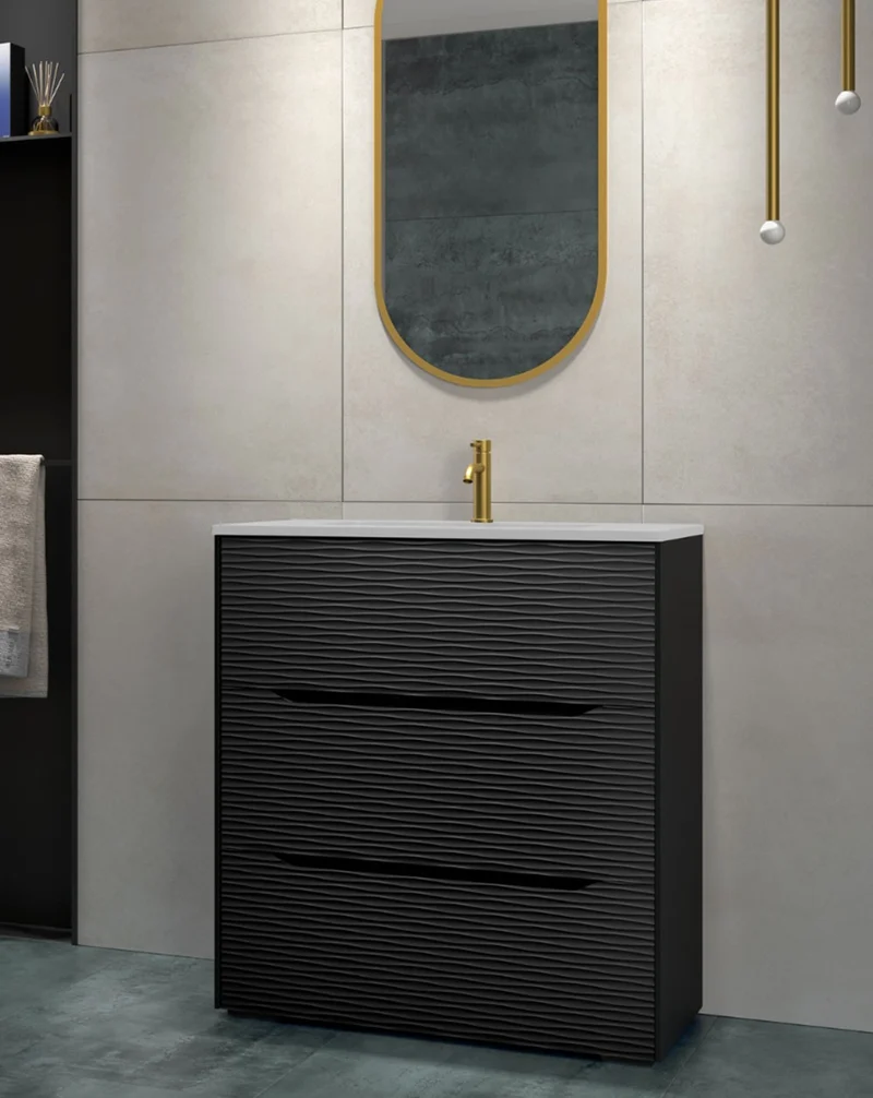 Nubia Mueble de Baño al Suelo con Lavabo Ceramico | 3 cajones Cierre Amortiguado y Organizador | Lavabo Onix | Negro Mate