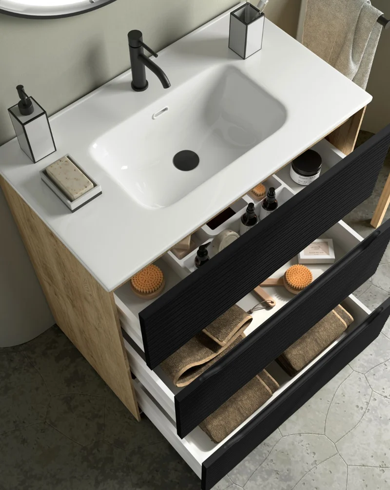 Nubia Mueble de Baño al Suelo con Lavabo Ceramico | 3 cajones Cierre Amortiguado y Organizador | Lavabo Onix | Negro Mate