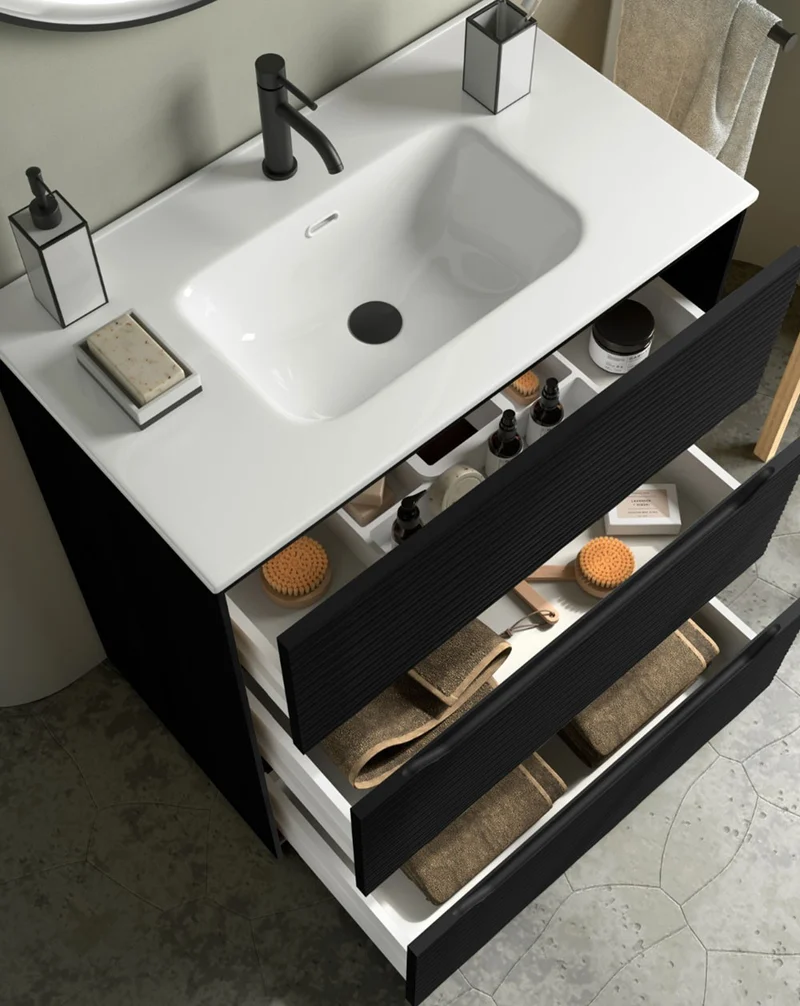 Nubia Mueble de Baño al Suelo con Lavabo Ceramico | 3 cajones Cierre Amortiguado y Organizador | Lavabo Onix | Negro Mate