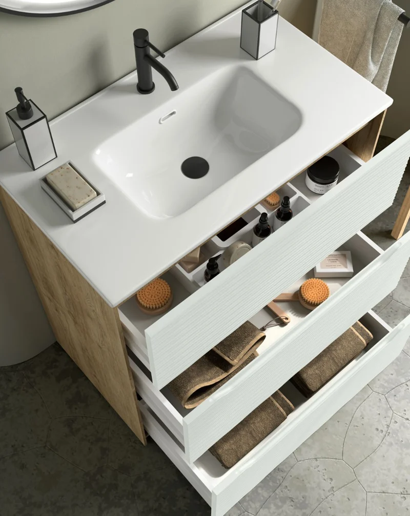 Nubia Mueble de Baño al Suelo con Lavabo Ceramico | 3 cajones Cierre Amortiguado y Organizador | Lavabo Onix | Blanco Mate