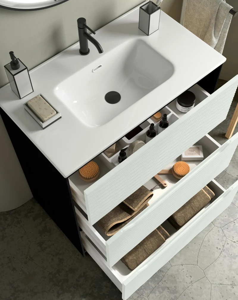Nubia Mueble de Baño al Suelo con Lavabo Ceramico | 3 cajones Cierre Amortiguado y Organizador | Lavabo Onix | Blanco Mate