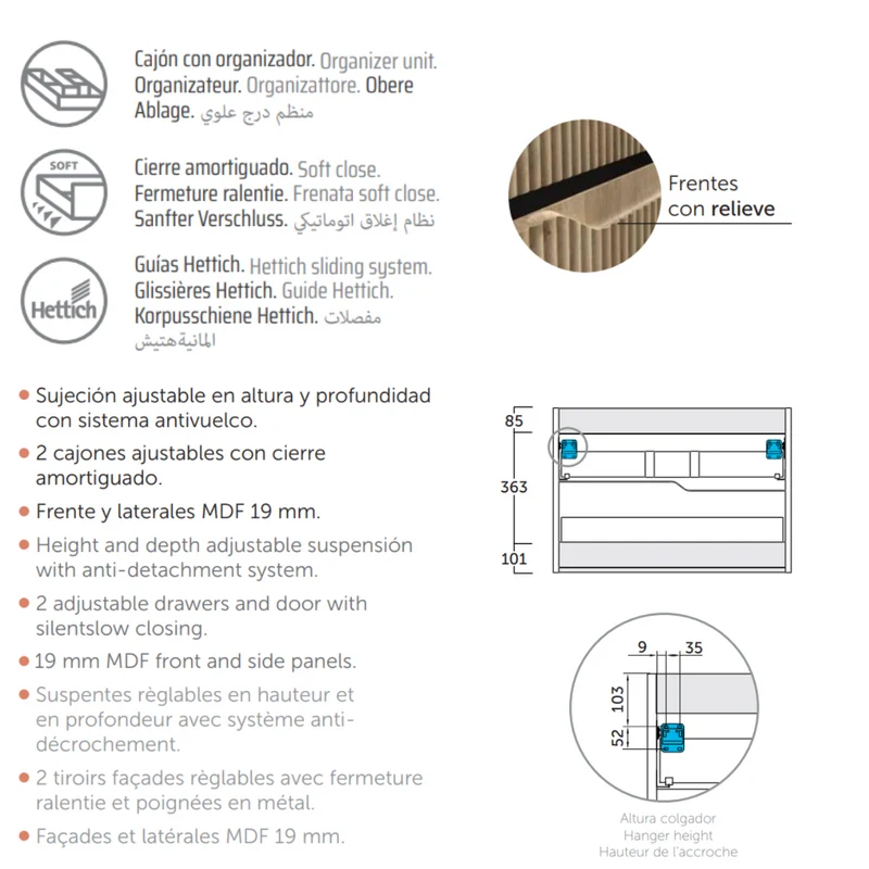 Bamboo Mueble Baño Suspendido con Lavabo Cerámico | 2 cajones con Cierre Amortiguado y Organizador | Leaf