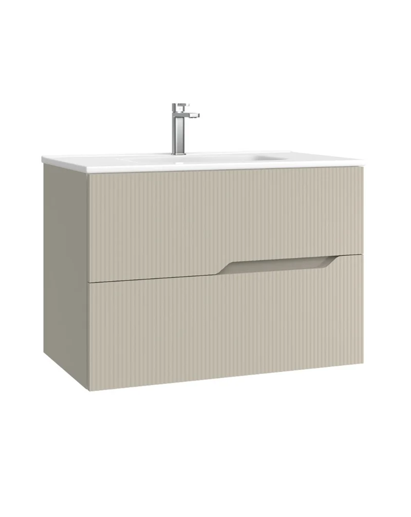 Bamboo Mueble Baño Suspendido con Lavabo Cerámico | 2 cajones con Cierre Amortiguado y Organizador | Moka Mate