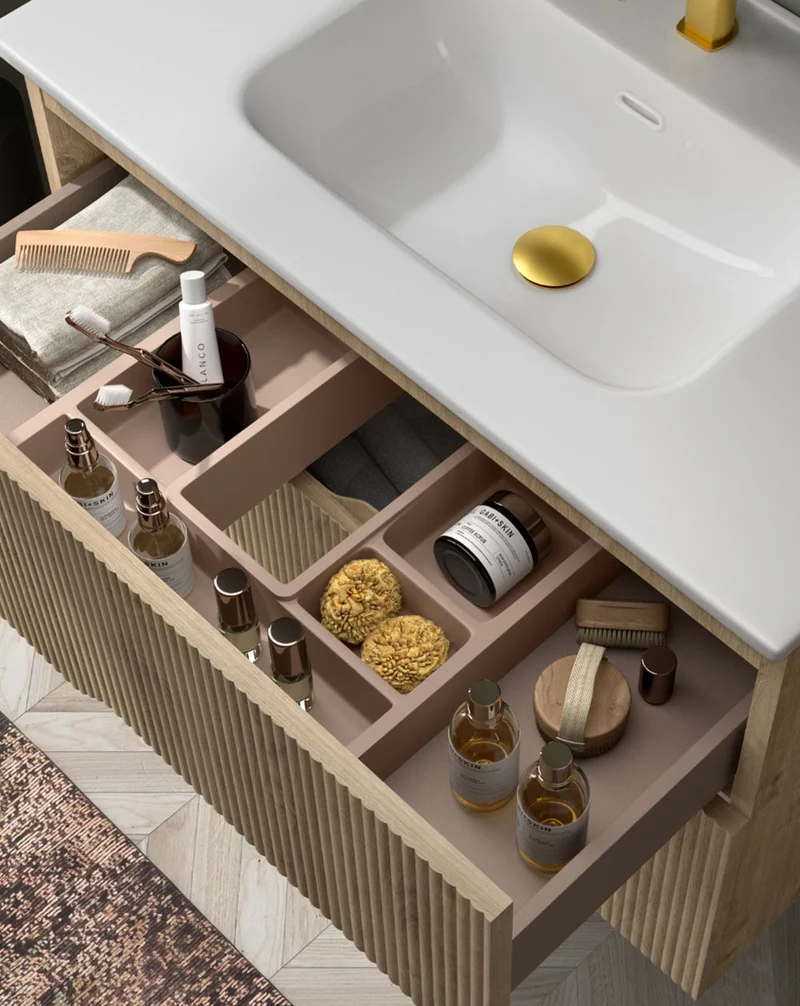Bamboo Mueble Baño Suspendido con Lavabo Cerámico | 2 cajones con Cierre Amortiguado y Organizador | Moka Mate