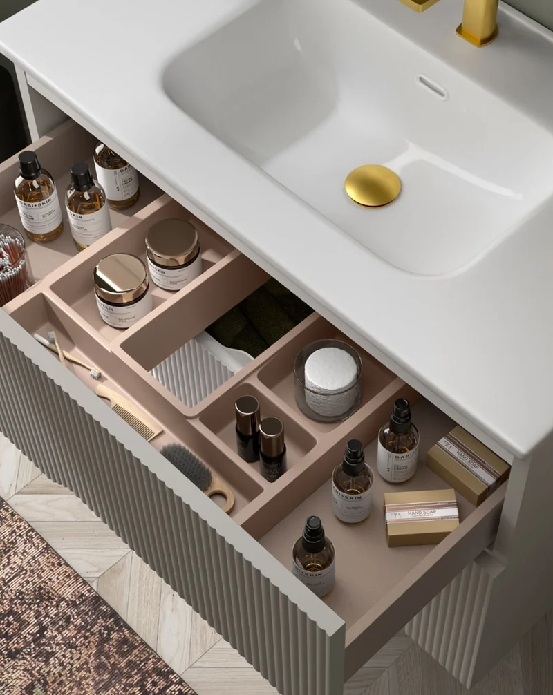 Bamboo Mueble Baño Suspendido con Lavabo Cerámico | 2 cajones con Cierre Amortiguado y Organizador | Moka Mate