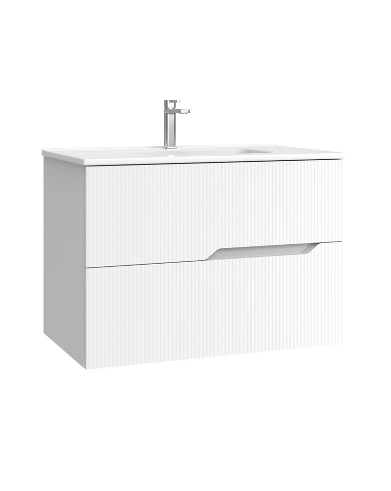 Bamboo Mueble Baño Suspendido con Lavabo Cerámico | 2 cajones con Cierre Amortiguado y Organizador | Blanco Mate