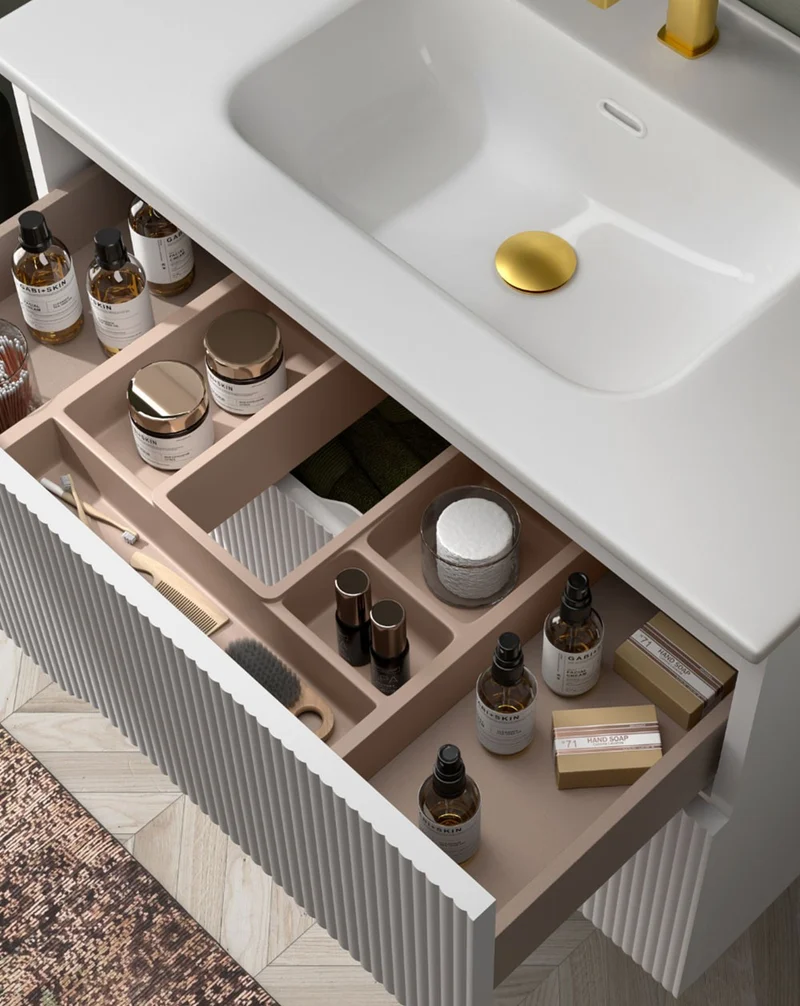 Bamboo Mueble Baño Suspendido con Lavabo Cerámico | 2 cajones con Cierre Amortiguado y Organizador | Blanco Mate