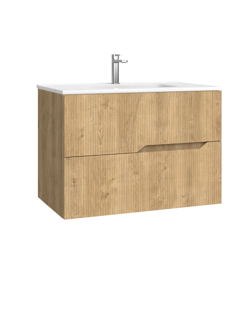 Bamboo Mueble Baño Suspendido con Lavabo Cerámico | 2 cajones con Cierre Amortiguado y Organizador | Roble Natural