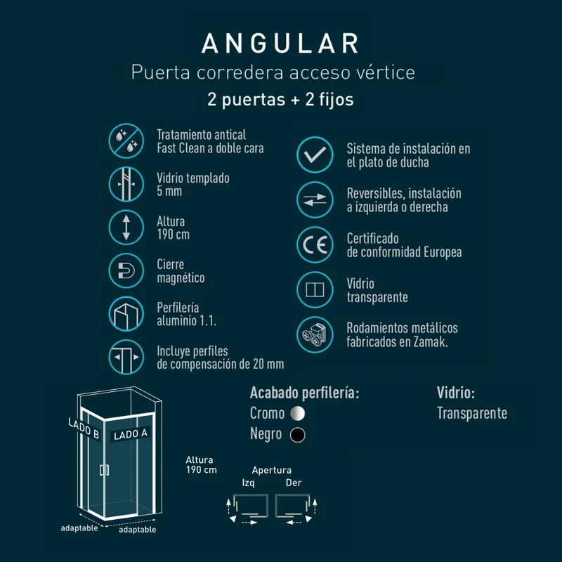 Tokens Mampara de Ducha Rectangular Angular Corredera | 2 Fijas + 2 Puertas | 5mm Antical | Negro Mate