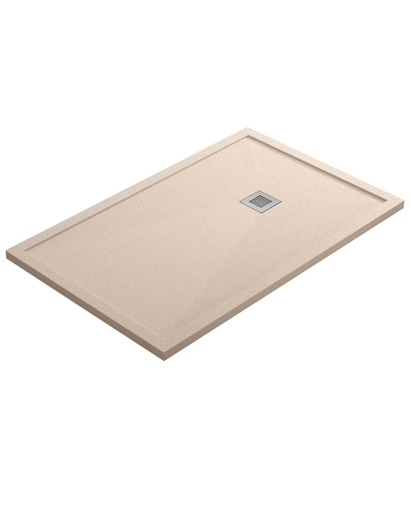 Asturias Plato de Ducha de Resina con Borde Extraplano Antideslizante Valvula de Desagüe y Rejilla | Textura Piedra | Beige