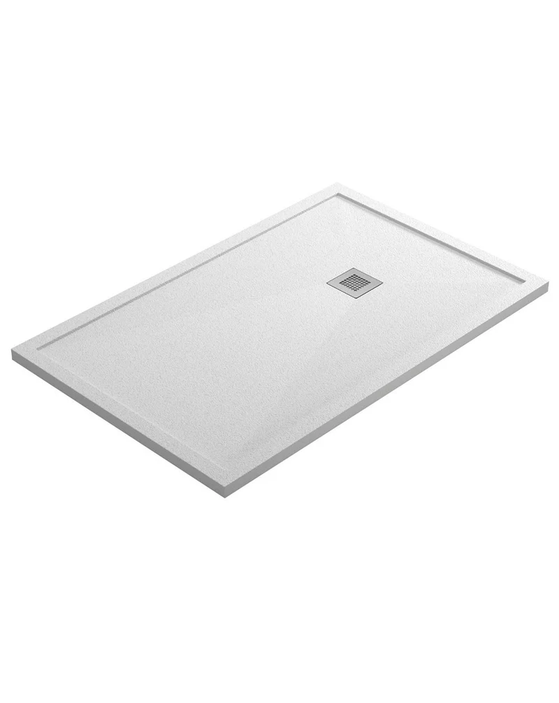 Asturias Plato de Ducha de Resina con Borde Extraplano Antideslizante Valvula de Desagüe y Rejilla | Textura Piedra | Blanco