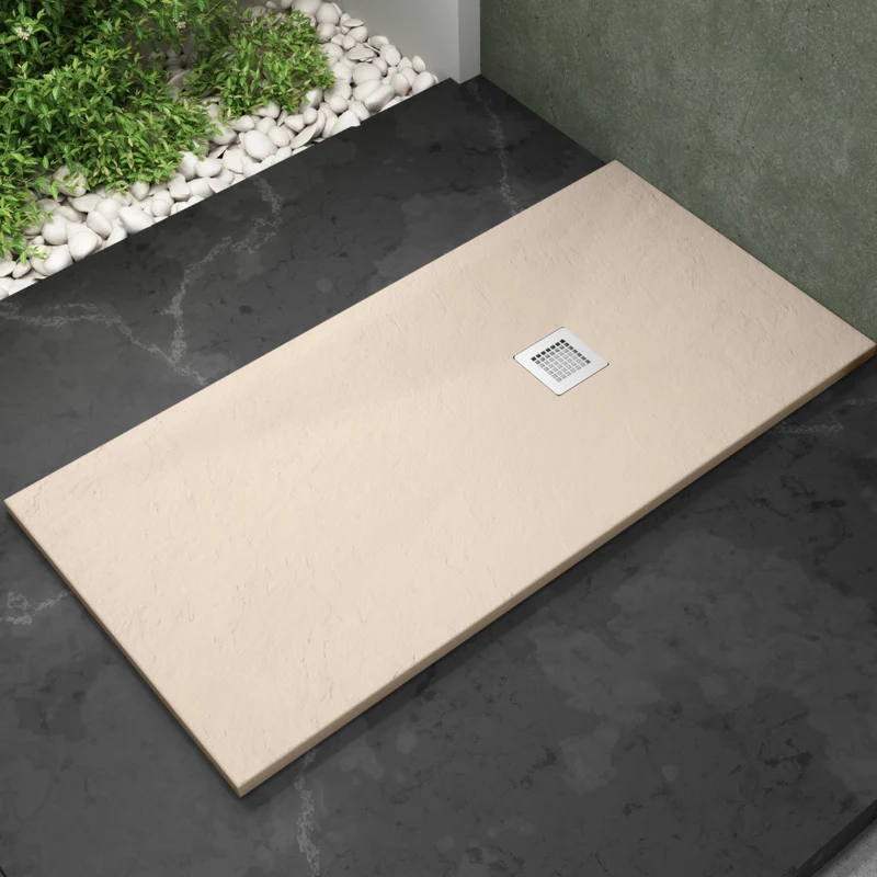 Niza Plus Plato de Ducha de Resina Extraplano | Antideslizante | Válvula de Desagüe y Rejilla | Beige