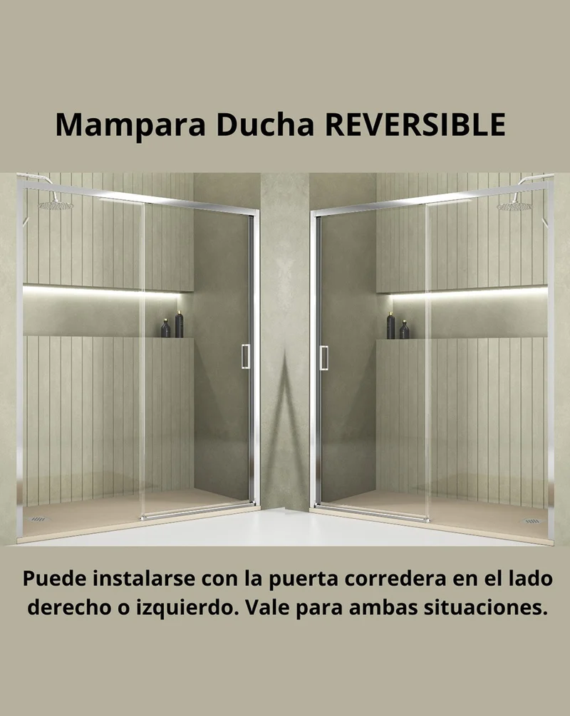Tokens Mampara Ducha Frontal Corredera 1 Puerta 1 Fijo | Vidrio 5mm Antical Alto 190cm | Reversible Izquierda / Derecha | Cromo Brillo