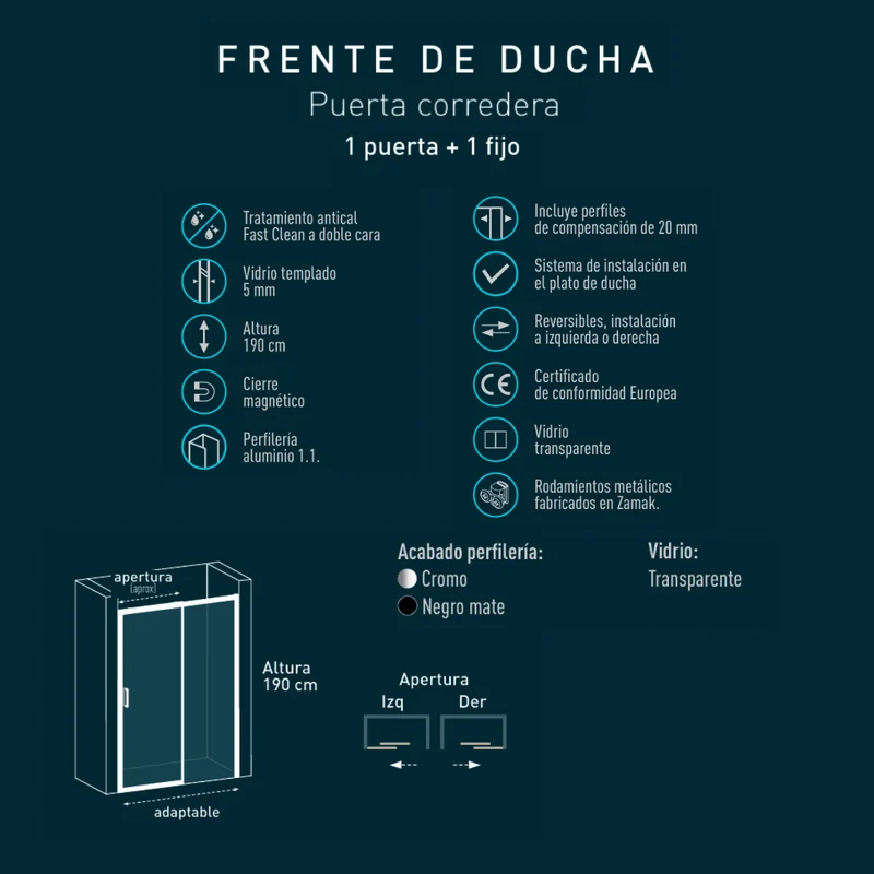 Tokens Mampara Ducha Frontal Corredera 1 Puerta 1 Fijo | Vidrio 5mm Antical Alto 190cm | Reversible Izquierda / Derecha | Cromo Brillo