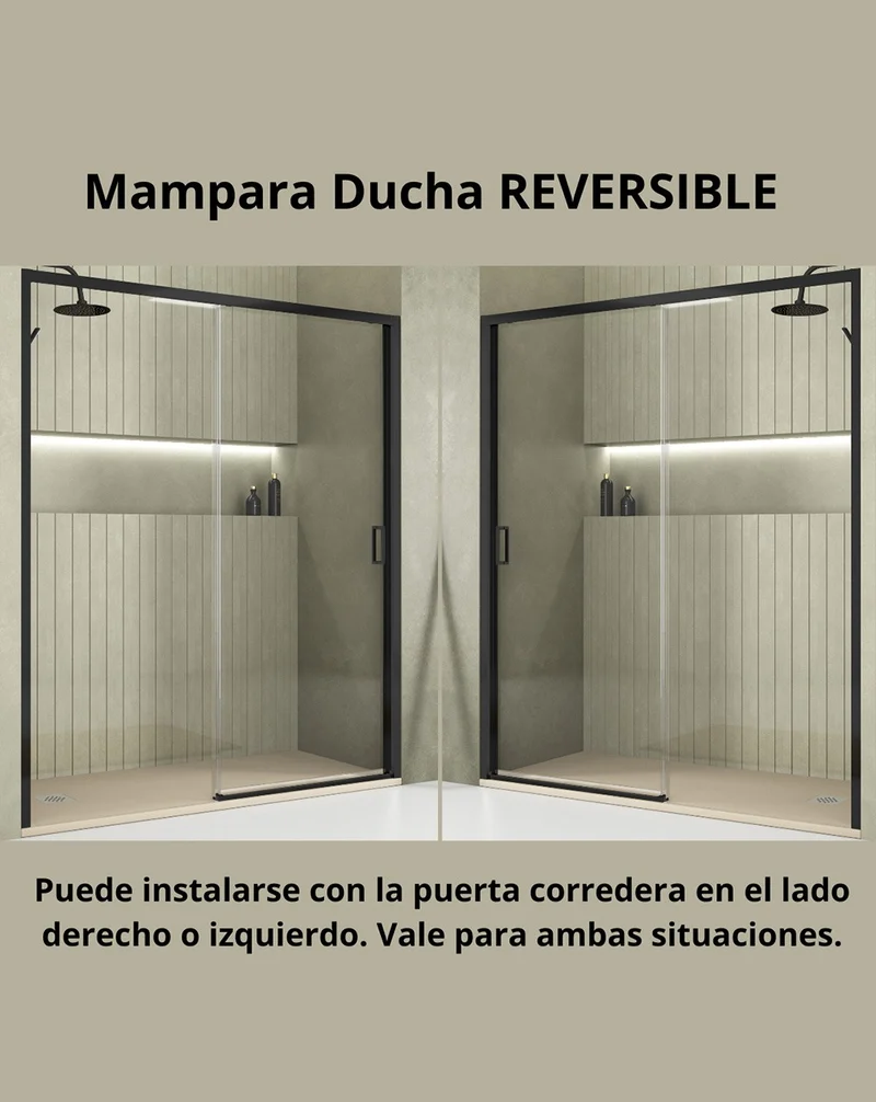 Tokens Mampara Ducha Frontal Corredera 1 Puerta 1 Fijo | Vidrio 5mm Antical Alto 190cm | Reversible Izquierda / Derecha | Negro Mate