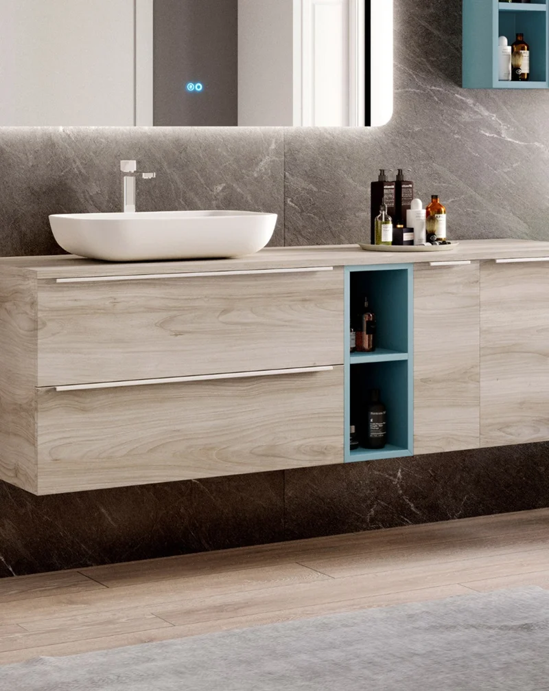 Landes 15 Mueble de Baño Modular Suspendido con Tapa y 1 Lavabo Sobreponer de Resina | Personalizable