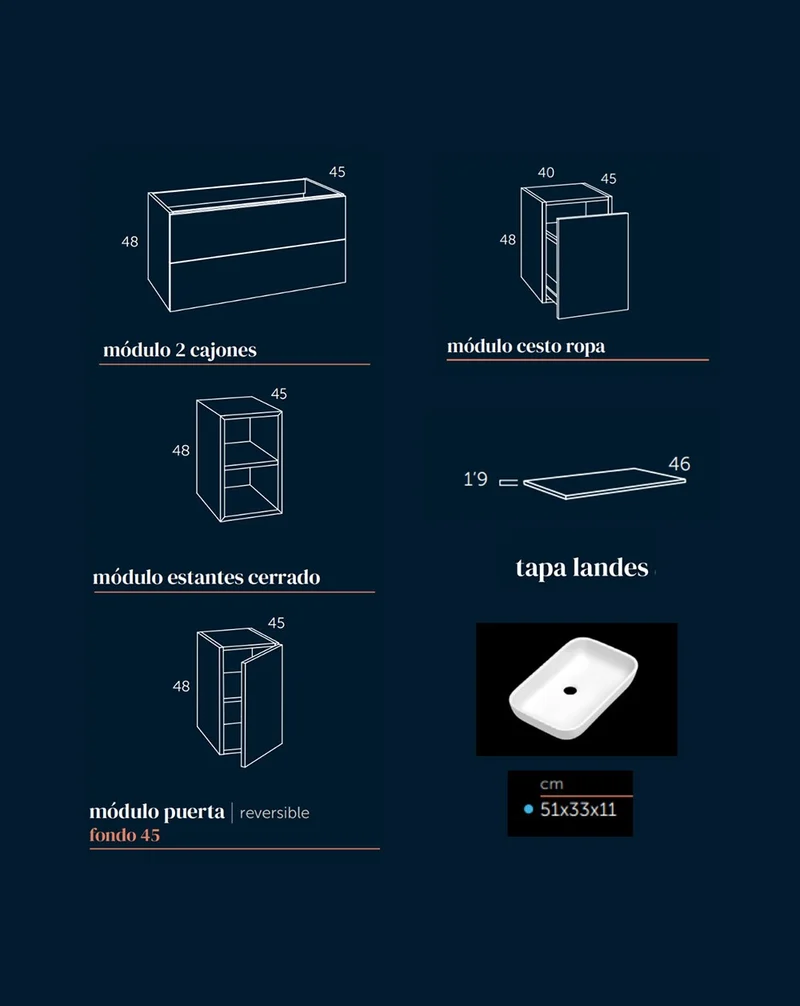 Landes 15 Mueble de Baño Modular Suspendido con Tapa y 1 Lavabo Sobreponer de Resina | Personalizable