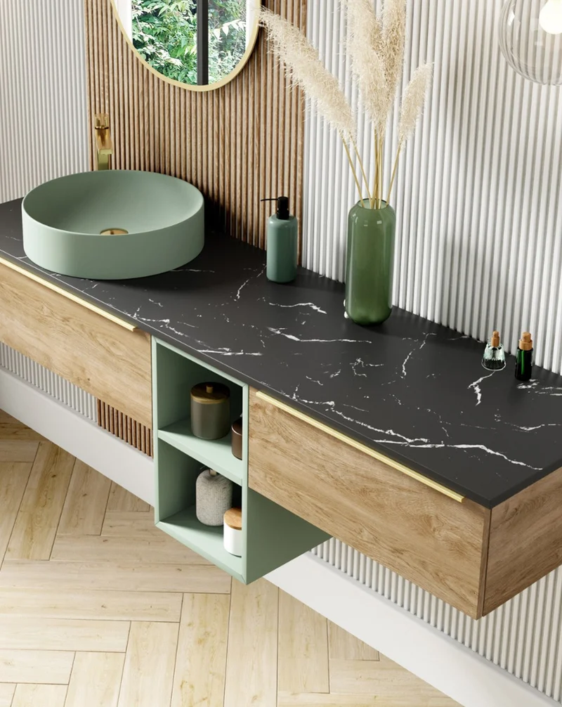 Landes 12 Mueble de Baño Modular Suspendido con Tapa Estilo Marmol Negro y Lavabo Sobre Encimera | Personalizable
