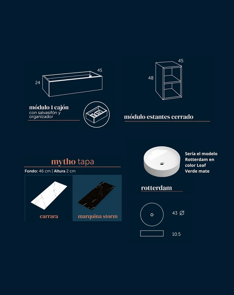 Landes 12 Mueble de Baño Modular Suspendido con Tapa Estilo Marmol Negro y Lavabo Sobre Encimera | Personalizable