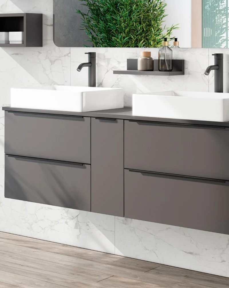 Landes 11 Mueble de Baño Modular Suspendido con Tapa y 2 Lavabos Sobreponer Cerámicos | 4 Cajones y 1 Puerta | Personalizable