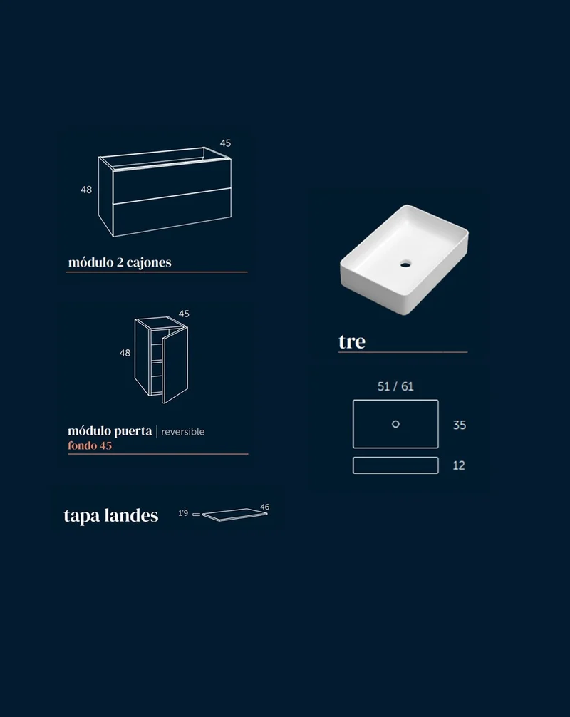 Landes 11 Mueble de Baño Modular Suspendido con Tapa y 2 Lavabos Sobreponer Cerámicos | 4 Cajones y 1 Puerta | Personalizable