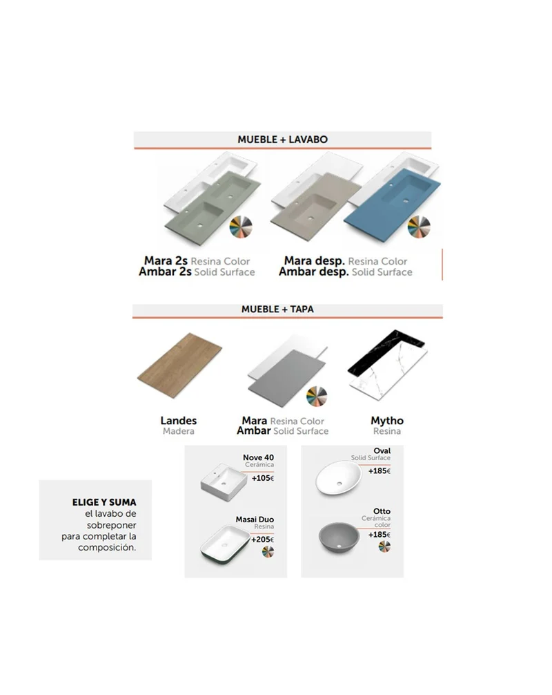 Landes 11 Mueble de Baño Modular Suspendido con Tapa y 2 Lavabos Sobreponer Cerámicos | 4 Cajones y 1 Puerta | Personalizable