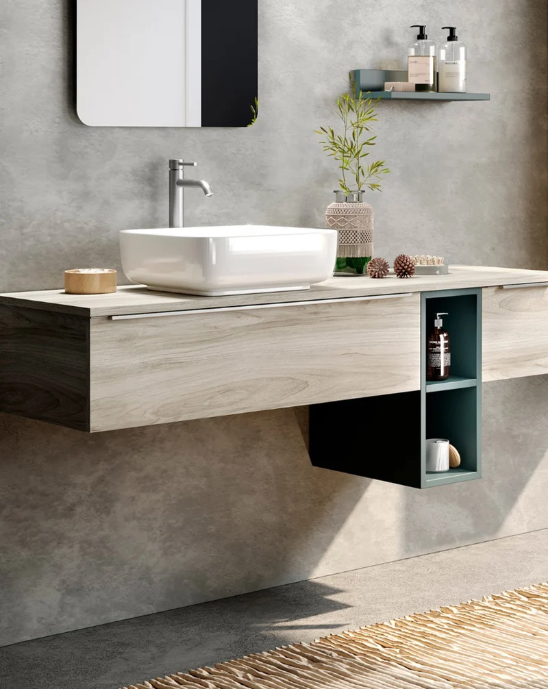 Landes 08 Mueble de Baño Modular Suspendido con Tapa y Lavabo Sobre Encimera | Estante Cerrado y Cajón 30cm | Personalizable