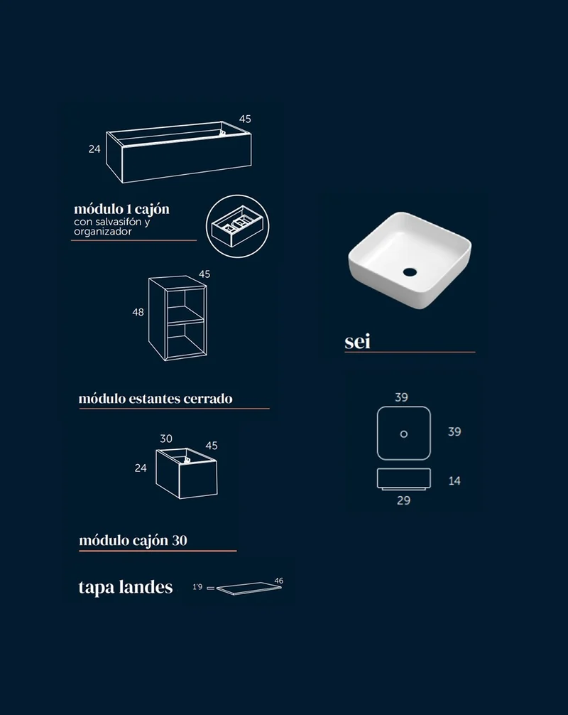 Landes 08 Mueble de Baño Modular Suspendido con Tapa y Lavabo Sobre Encimera | Estante Cerrado y Cajón 30cm | Personalizable