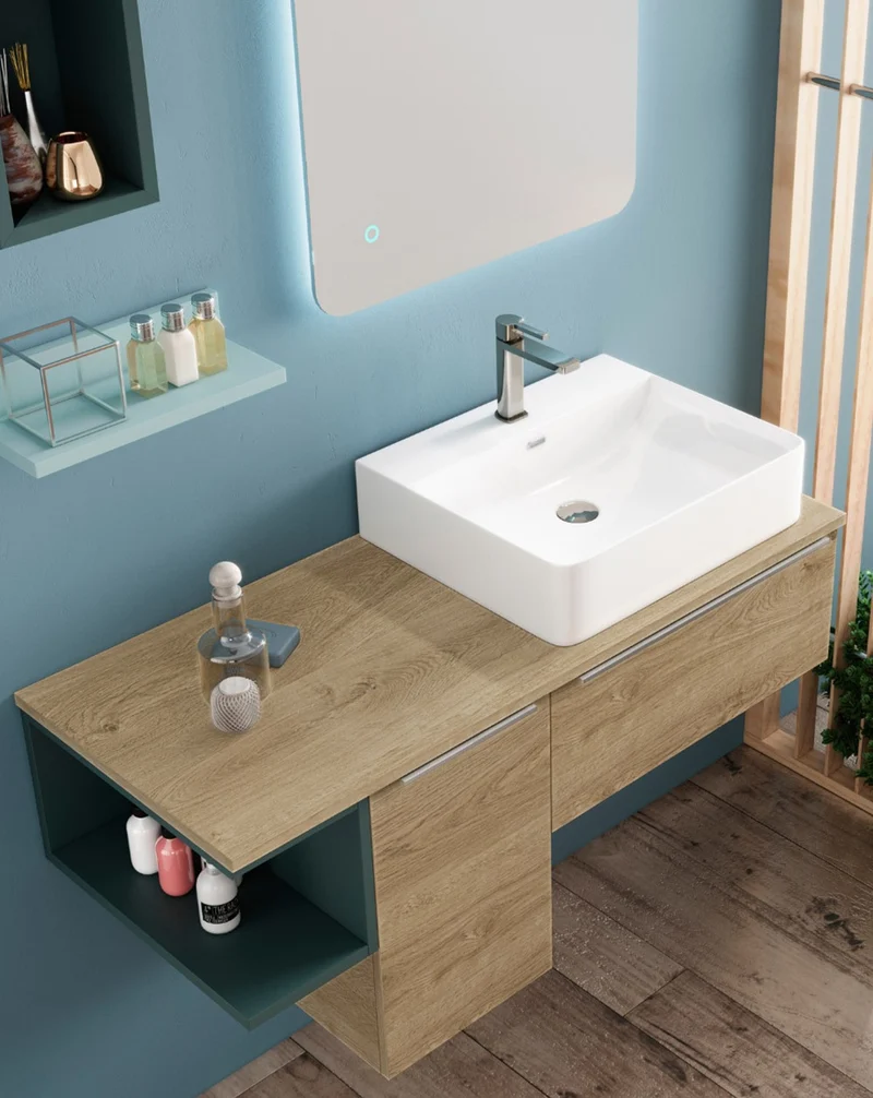 Landes 05 Mueble de Baño Modular Suspendido con Tapa y Lavabo Sobre Encimera | 1 Cajón 1 Puerta Estante Abierto | Personalizable
