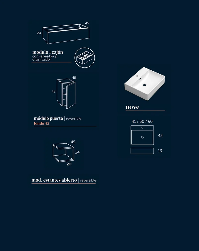 Landes 05 Mueble de Baño Modular Suspendido con Tapa y Lavabo Sobre Encimera | 1 Cajón 1 Puerta Estante Abierto | Personalizable