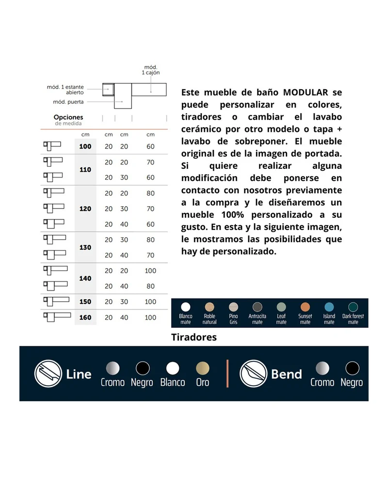 Landes 05 Mueble de Baño Modular Suspendido con Tapa y Lavabo Sobre Encimera | 1 Cajón 1 Puerta Estante Abierto | Personalizable