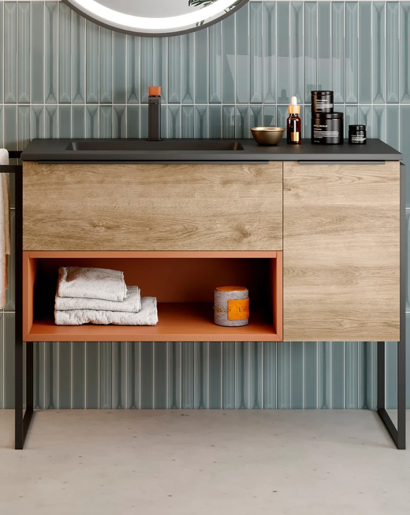 Landes 04 Mueble de Baño Modular Industrial con Patas y Lavabo Negro | 1 Cajón 1 Hueco y Puerta | Personalizable