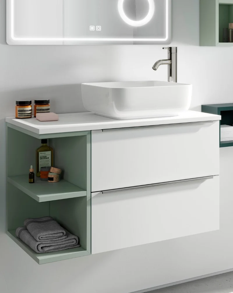 Landes 03 Mueble de Baño Modular Suspendido con Tapa y Lavabo Sobre Encimera | 2 Cajones y Estante Abierto | Personalizable