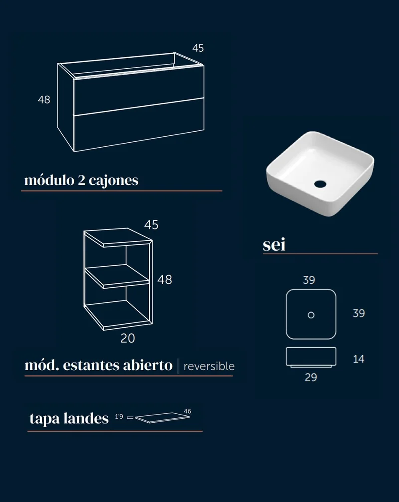 Landes 03 Mueble de Baño Modular Suspendido con Tapa y Lavabo Sobre Encimera | 2 Cajones y Estante Abierto | Personalizable