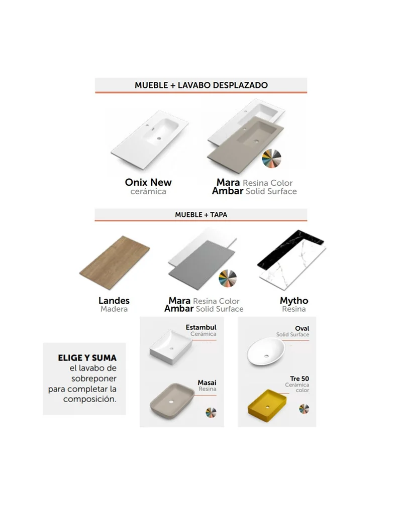 Landes 03 Mueble de Baño Modular Suspendido con Tapa y Lavabo Sobre Encimera | 2 Cajones y Estante Abierto | Personalizable