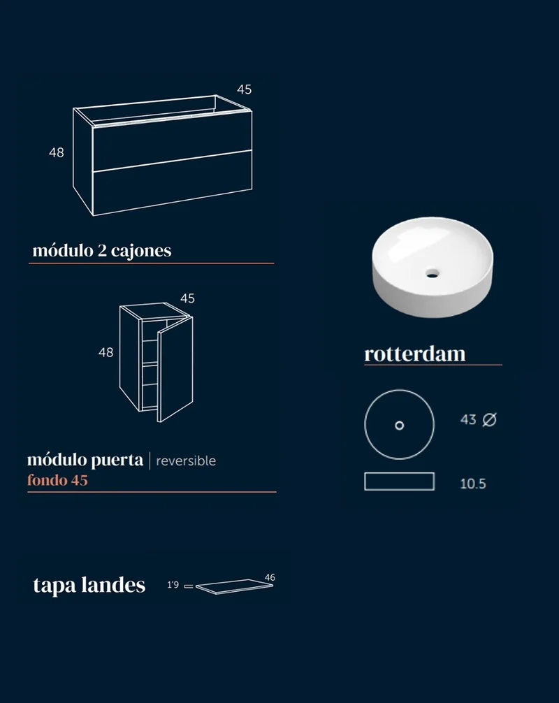 Landes 2.2 Mueble de Baño Modular Suspendido con Tapa y Lavabo Sobre Encimera | 2 Cajones y 1 Puerta | Personalizable