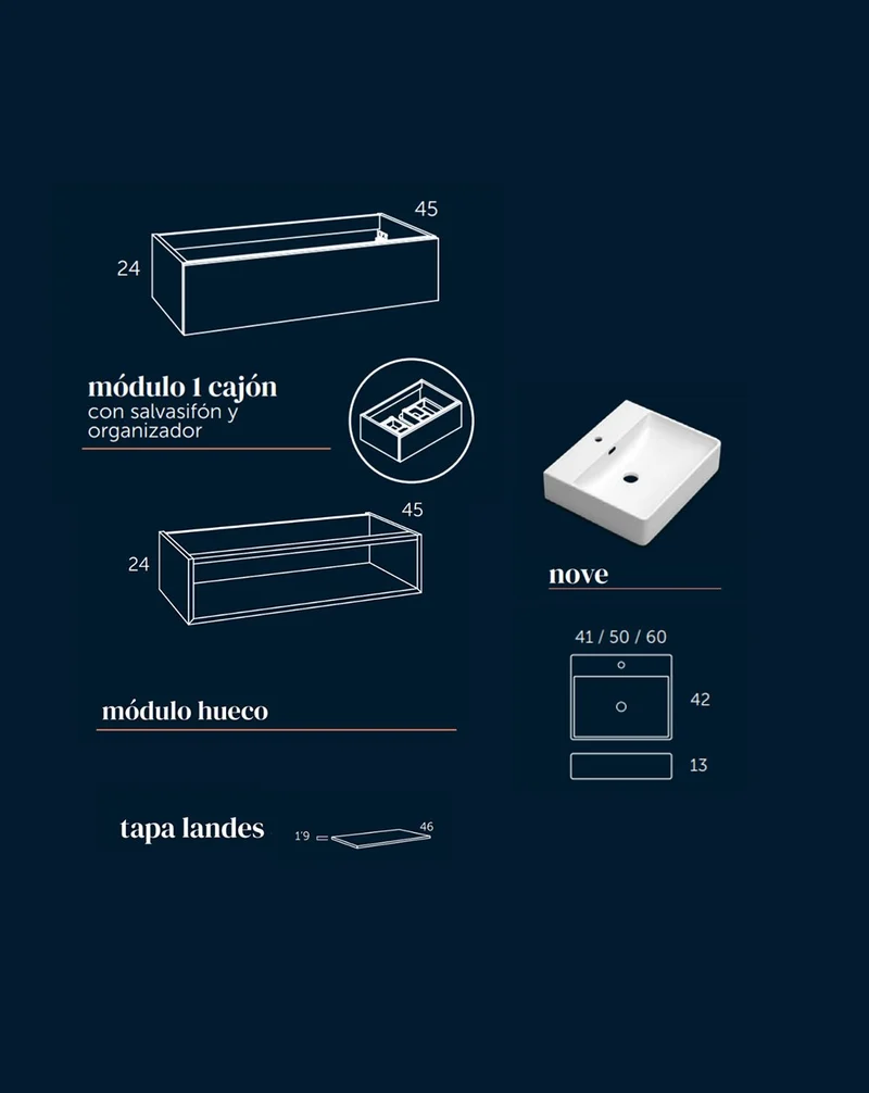Landes 1.2 Mueble de Baño Modular Suspendido con Lavabo Cerámico | Módulo Cajón Superior Módulo Hueco inferior | Personalizable