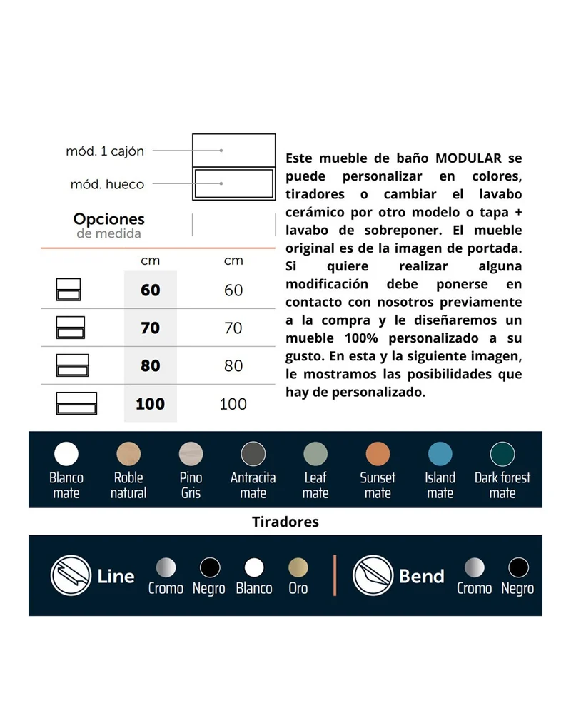 Landes 1.2 Mueble de Baño Modular Suspendido con Lavabo Cerámico | Módulo Cajón Superior Módulo Hueco inferior | Personalizable