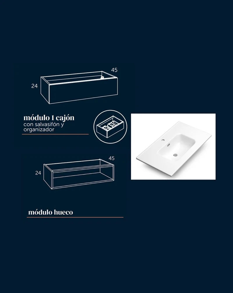 Landes 01 Mueble de Baño Modular Suspendido con Lavabo Cerámico | Módulo Cajón Superior y Módulo Hueco inferior | Personalizable