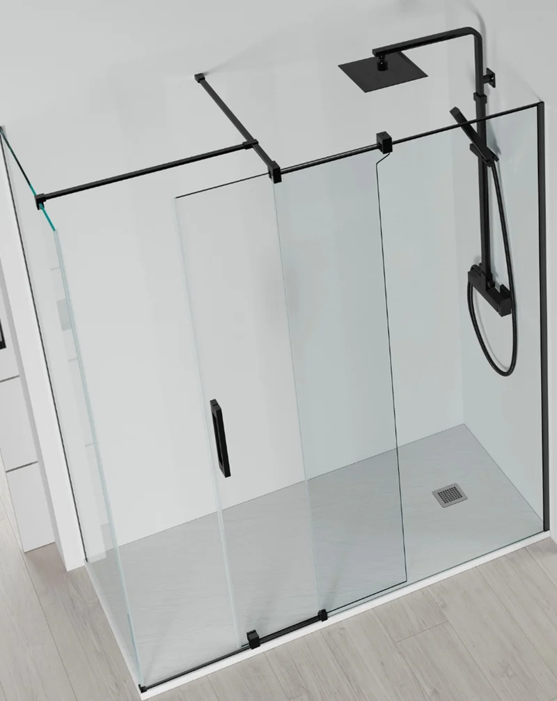 Roma Mampara de Ducha Rectangular Frontal Corredera | 1 Puerta y Lateral Fijo | Vidrio Antical 8mm Altura 195cm | Negro Mate