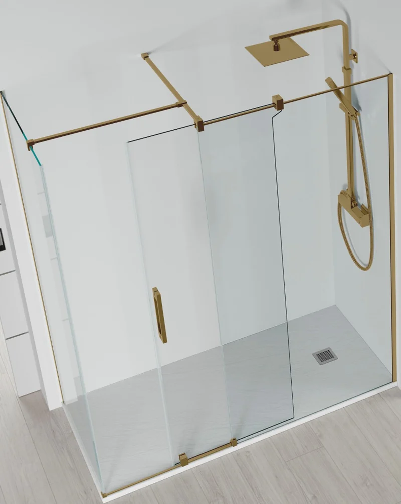 Roma Mampara de Ducha Rectangular Frontal Corredera | 1 Puerta y Lateral Fijo | Vidrio Antical 8mm Altura 195cm | Oro