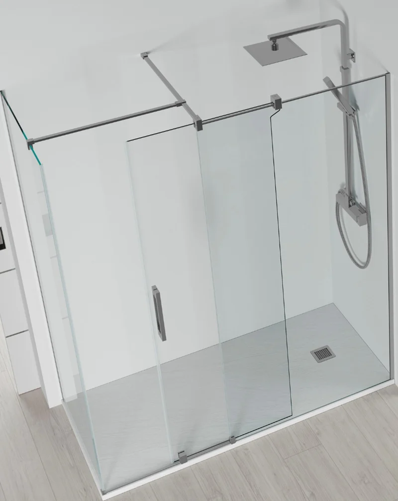 Roma Mampara de Ducha Rectangular Frontal Corredera | 1 Puerta y Lateral Fijo | Vidrio Antical 8mm Altura 195cm | Titanio